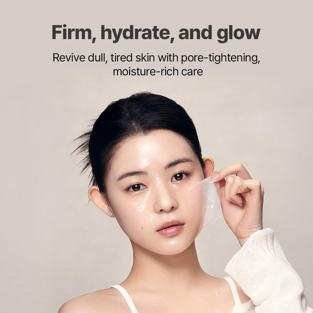 NACIFIC Rice Pepta Collagen mask being applied to cheek for hydration.