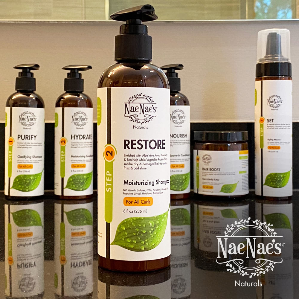 Nae Nae's Naturals Restore in a bathroom scene suggesting routine-ready care