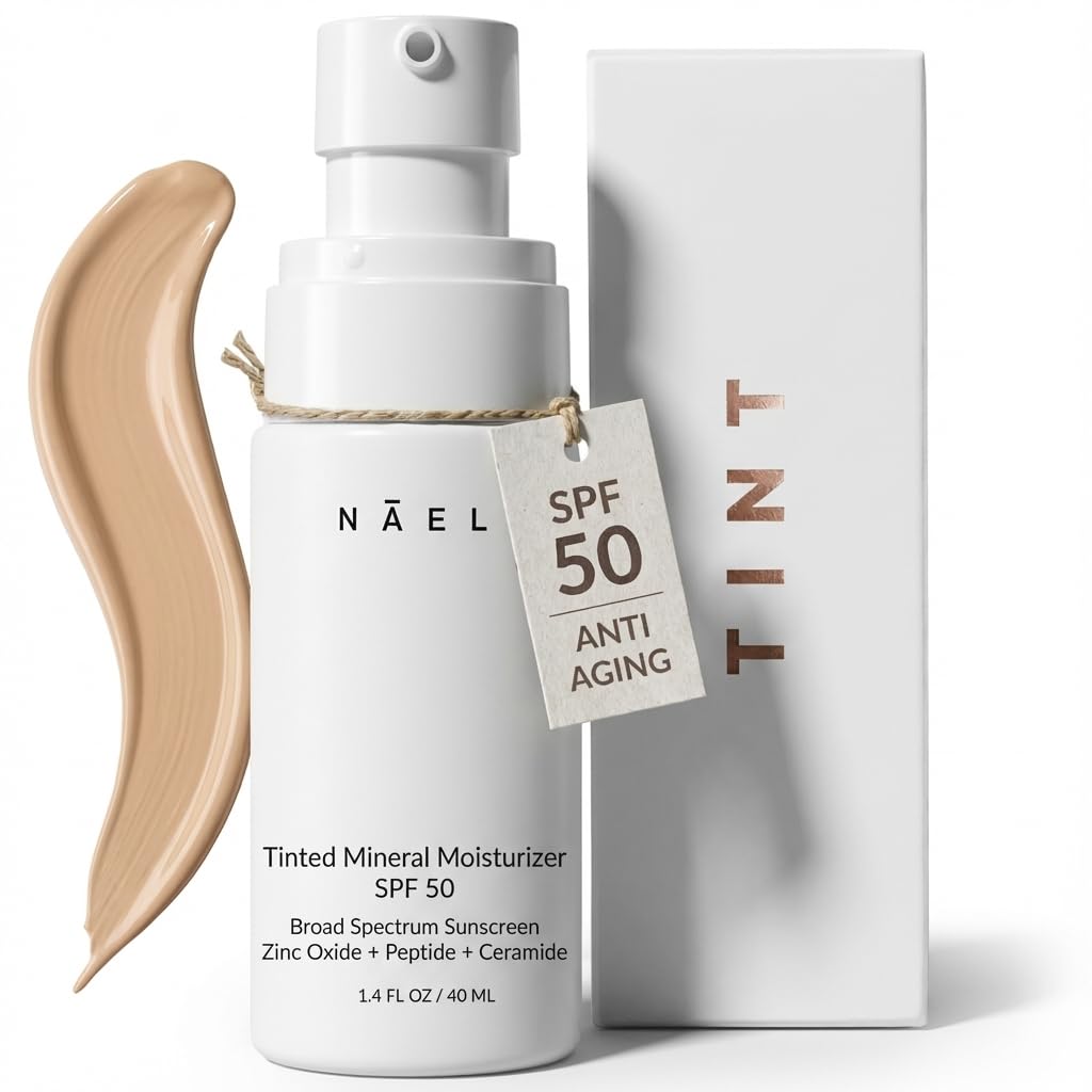 NAELI anti aging tinted moisturizer SPF 50 bottle showing reef-safe mineral protection.