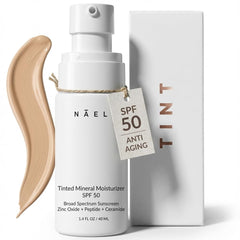 NAELI anti aging tinted moisturizer SPF 50 bottle showing reef-safe mineral protection.