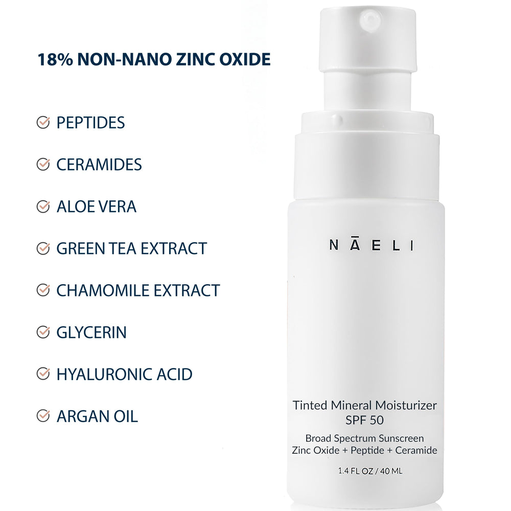 NAELI tinted sunscreen closeup emphasizes non-nano zinc oxide coverage.