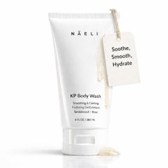 NAELI Exfoliating Body Wash bottle shows hydrating, smoothing formula.