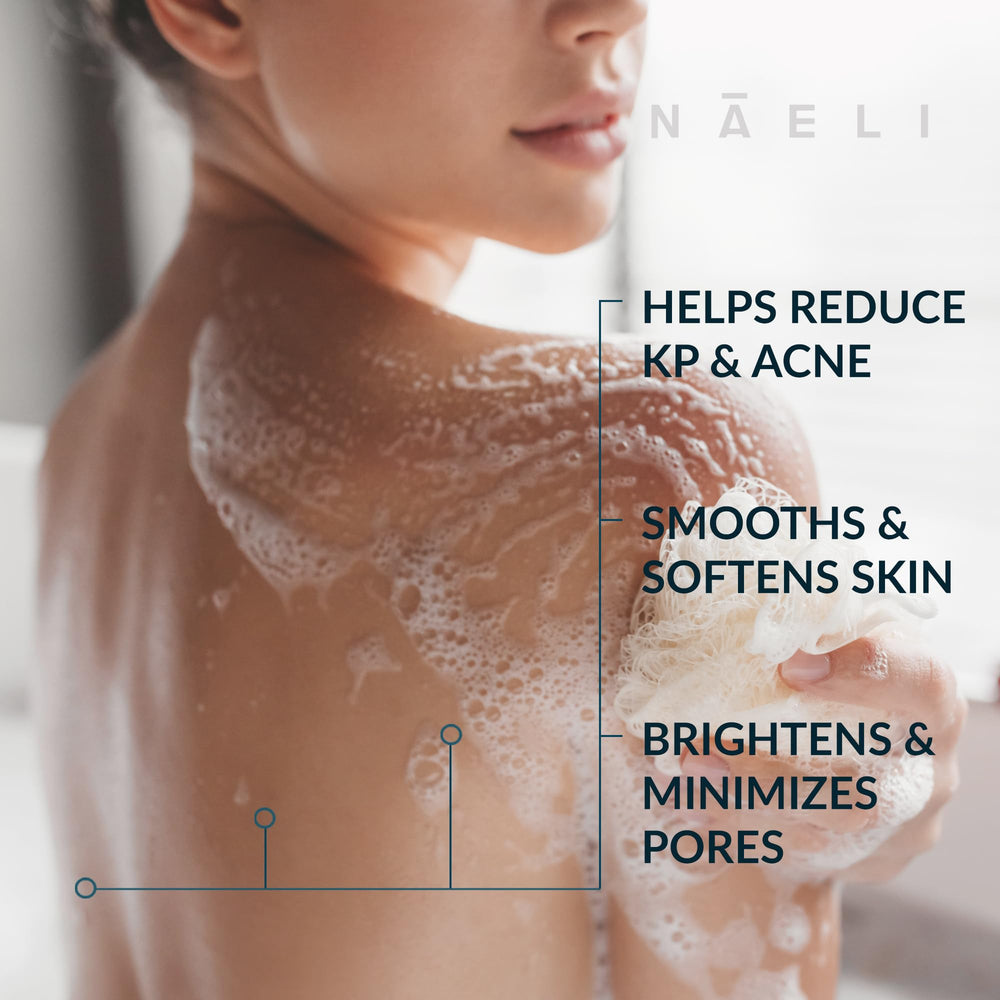 NAELI Exfoliating Body Wash lather demonstrates deep cleansing for pores.