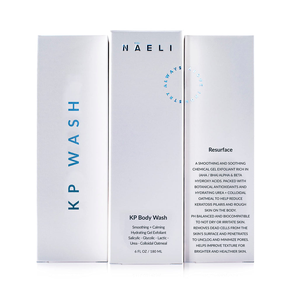 NAELI Exfoliating Body Wash packaging shows vegan and cruelty-free branding.