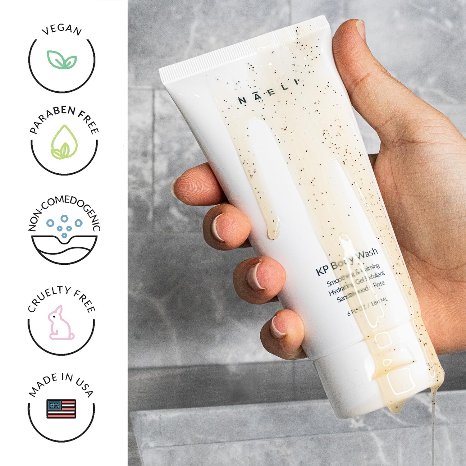 NAELI Exfoliating Body Wash back-area image hints targeted KP care.