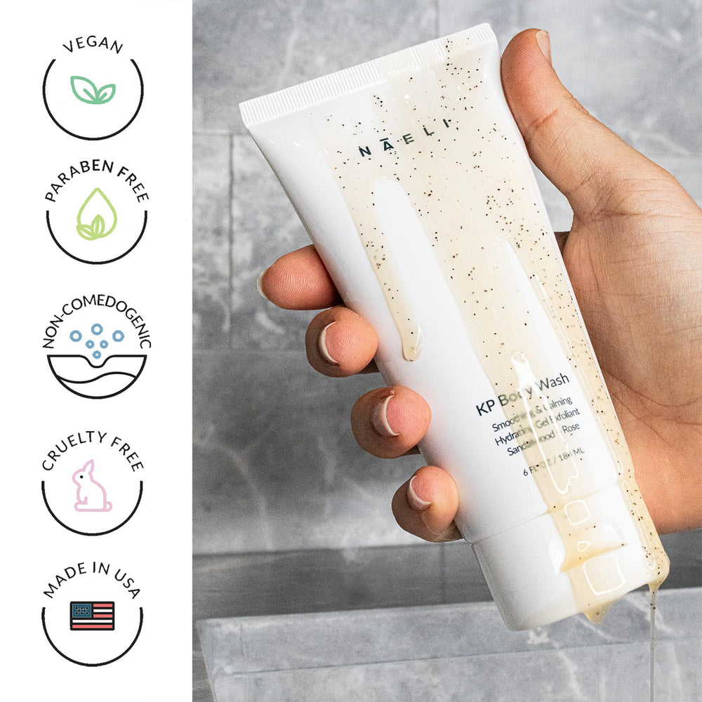 NAELI Exfoliating Body Wash back-area image hints targeted KP care.