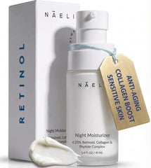 NAELI Retinoid Night Cream bottle on vanity for evening skincare ritual.
