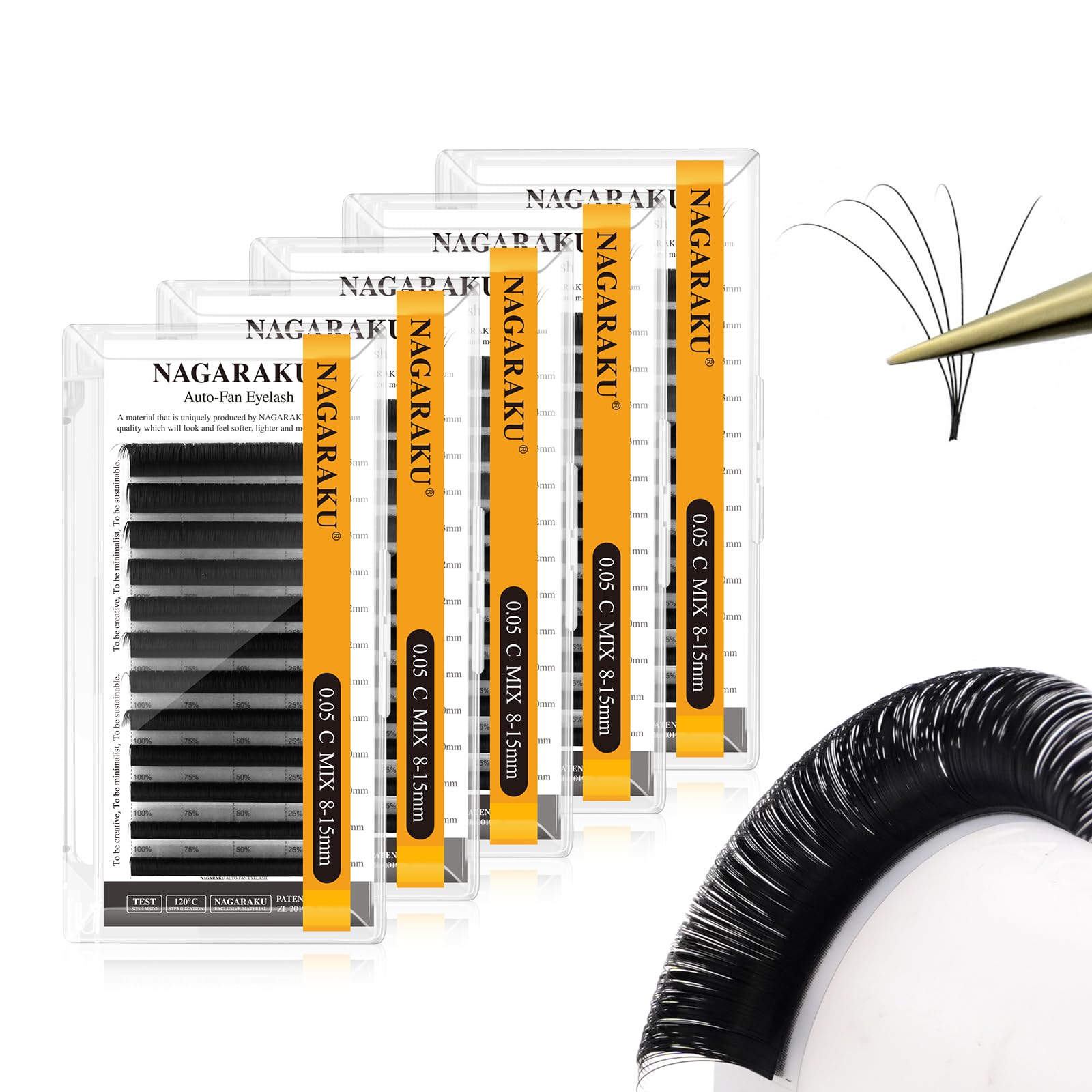 NAGARAKU Easy Fan Eyelashes pack shows quick volume for beginners in a salon setup.