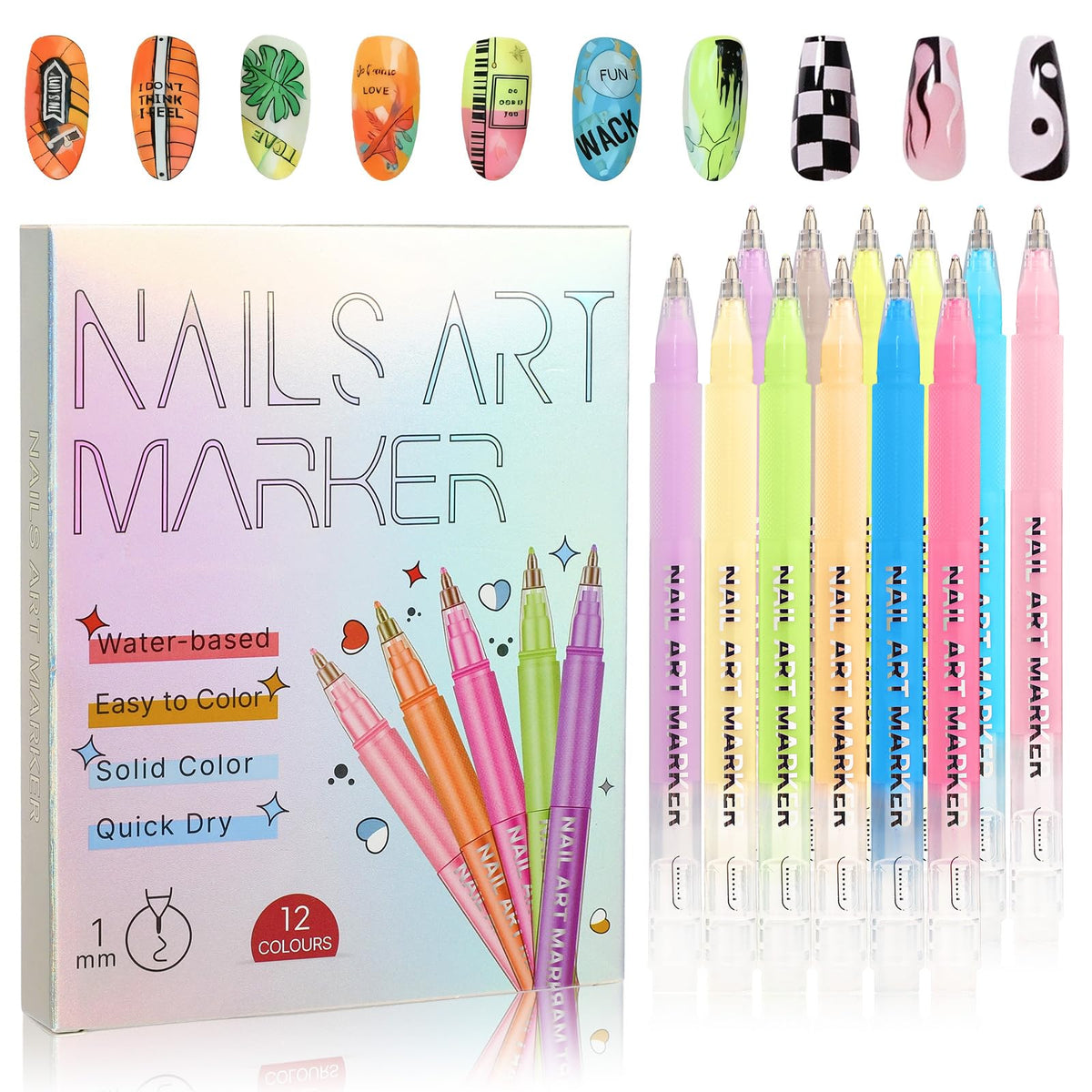 12-color nail art pens set with a precise tip for intricate designs