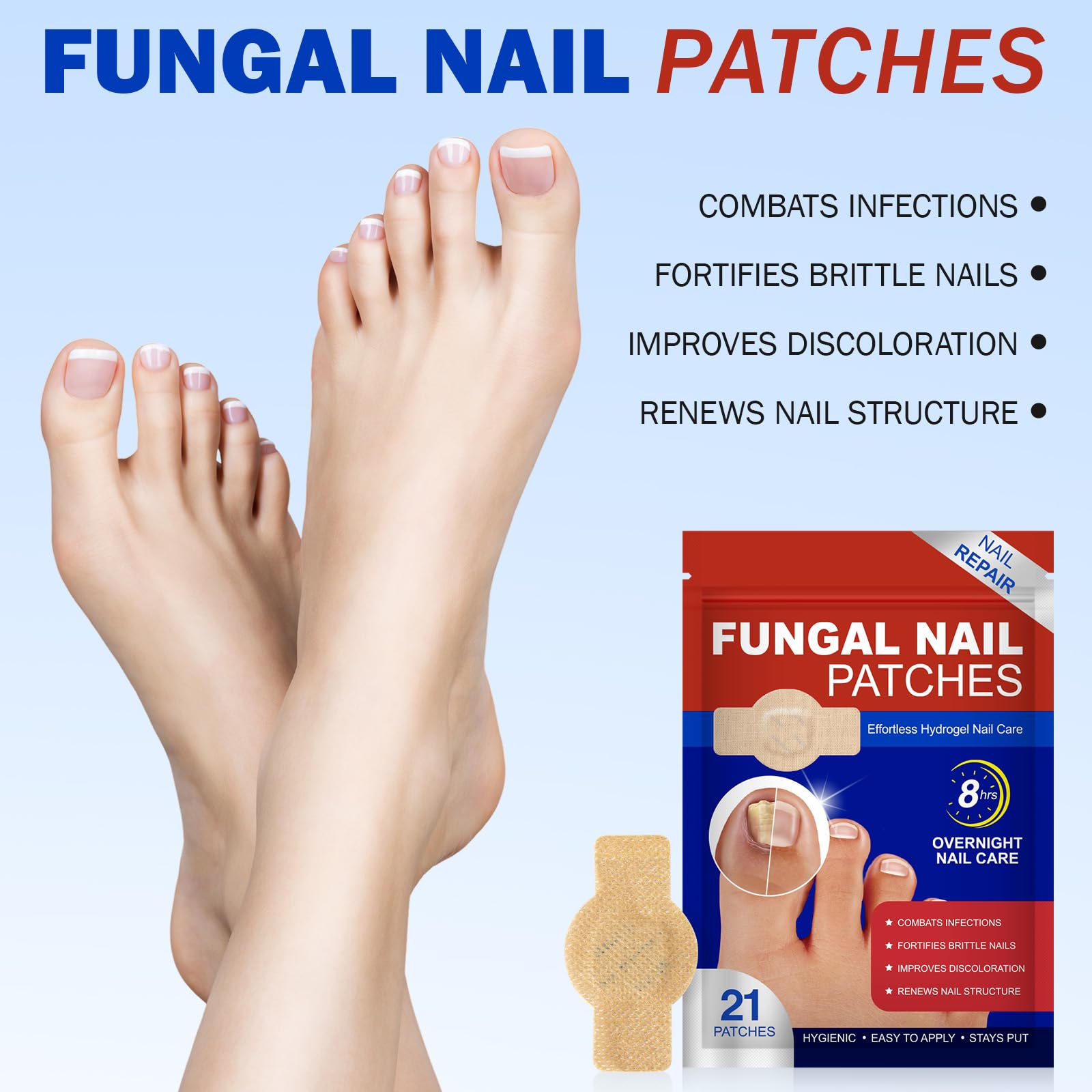 Nail Patches applied on toenails at night for gentle repair.