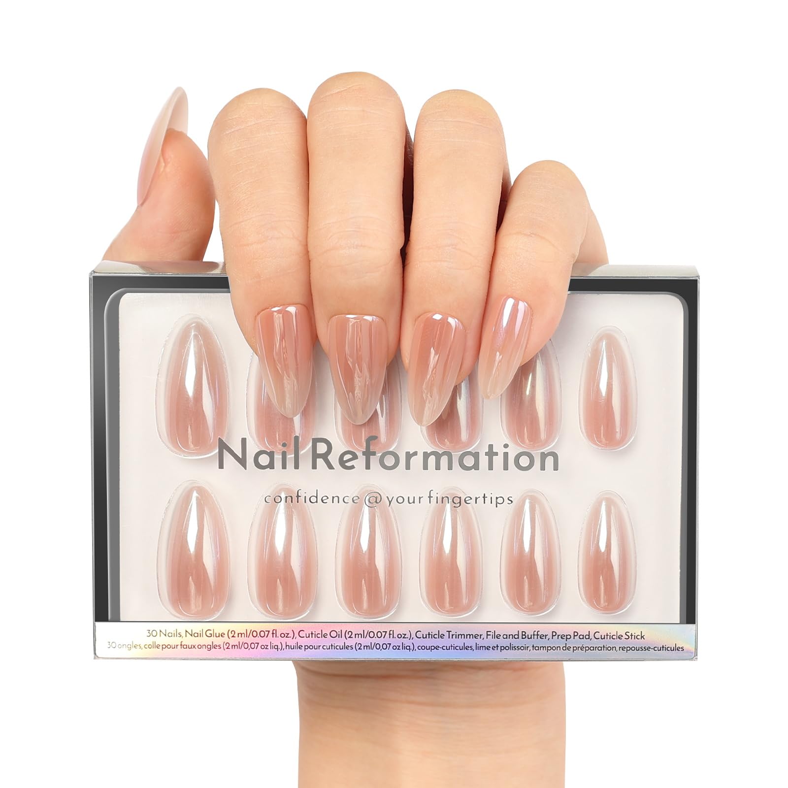 Nail Reformation almond rose gold press-on nails for a chic, reusable manicure.