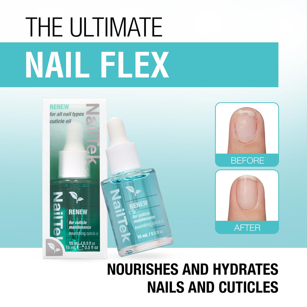 Nail Tek Renew Cuticle Oil on hands demonstrates hydrated cuticles.