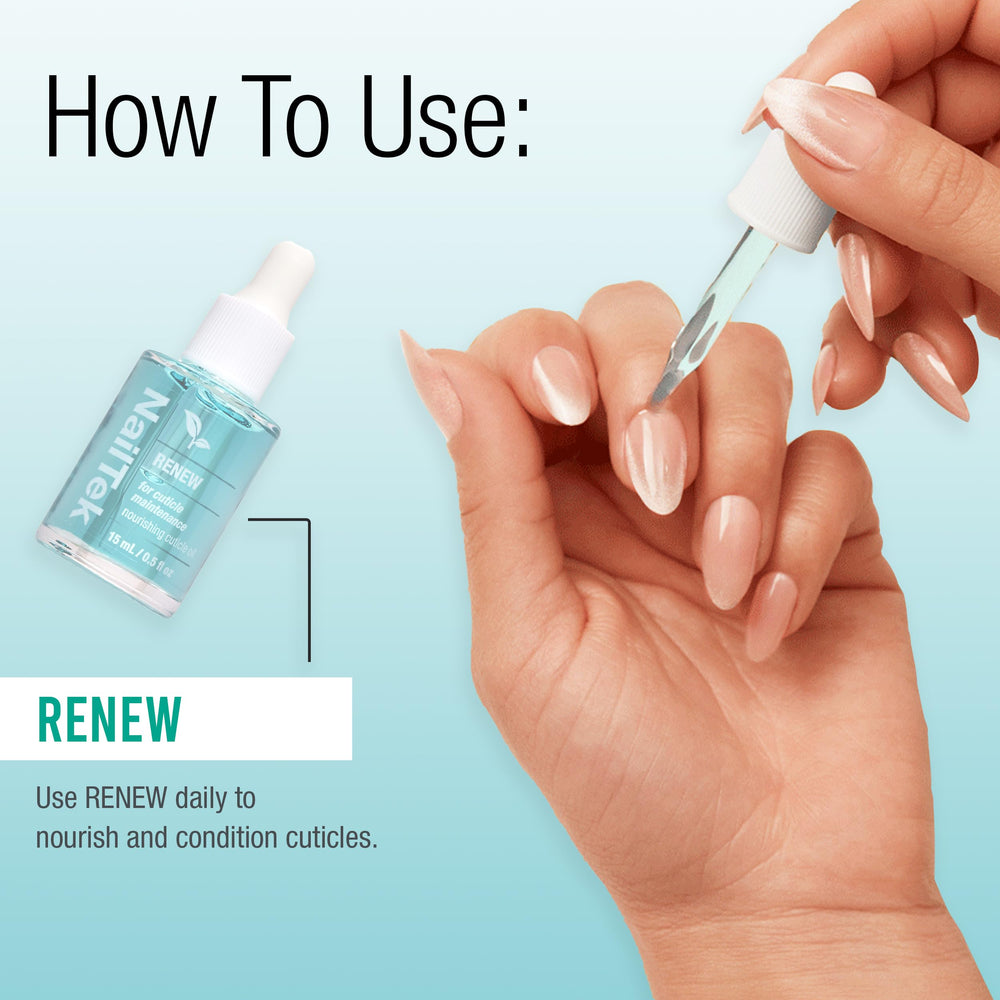 Nail Tek Renew Cuticle Oil texture close-up highlights lightweight formula.