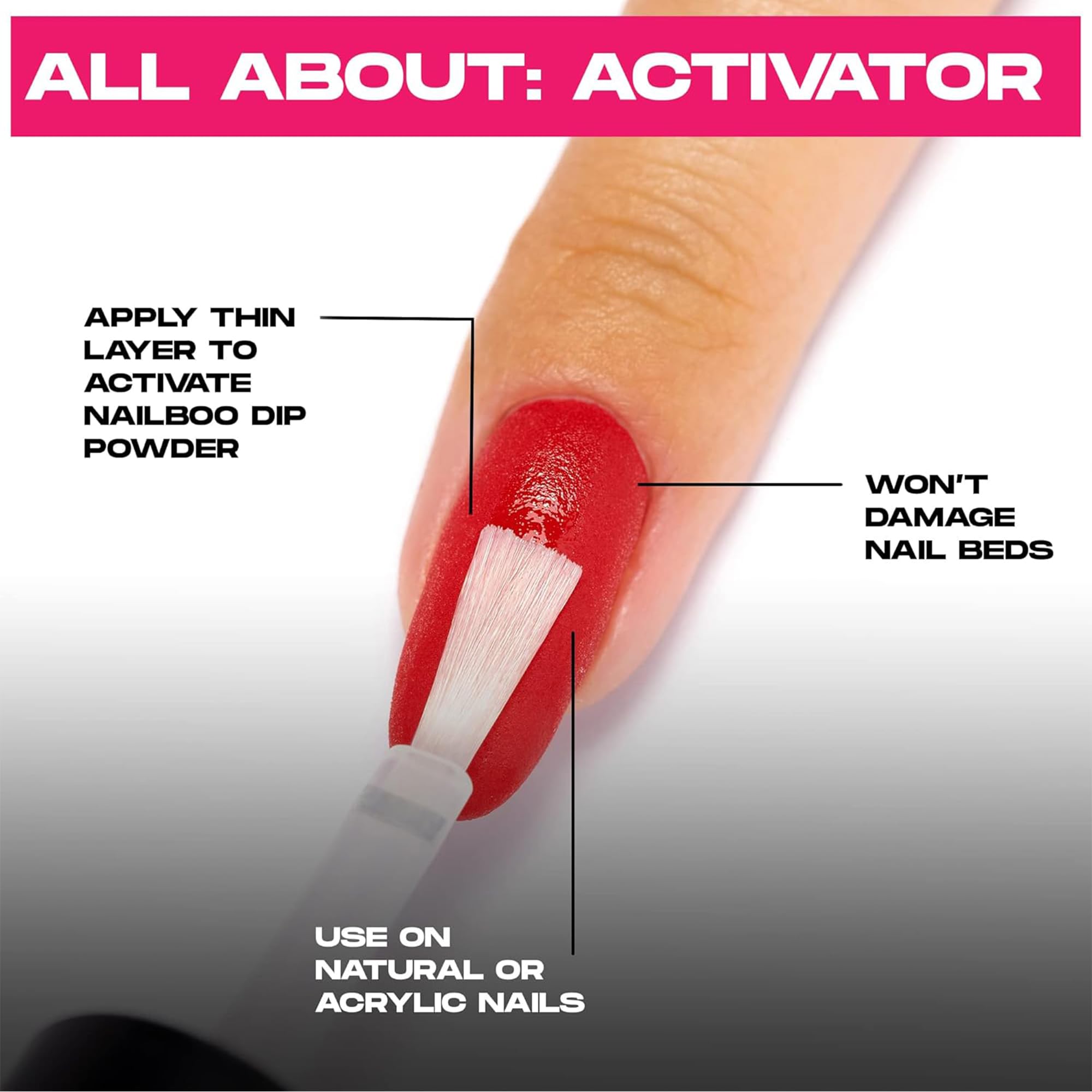 Nailboo Activator application on nail shows seamless powder activation.