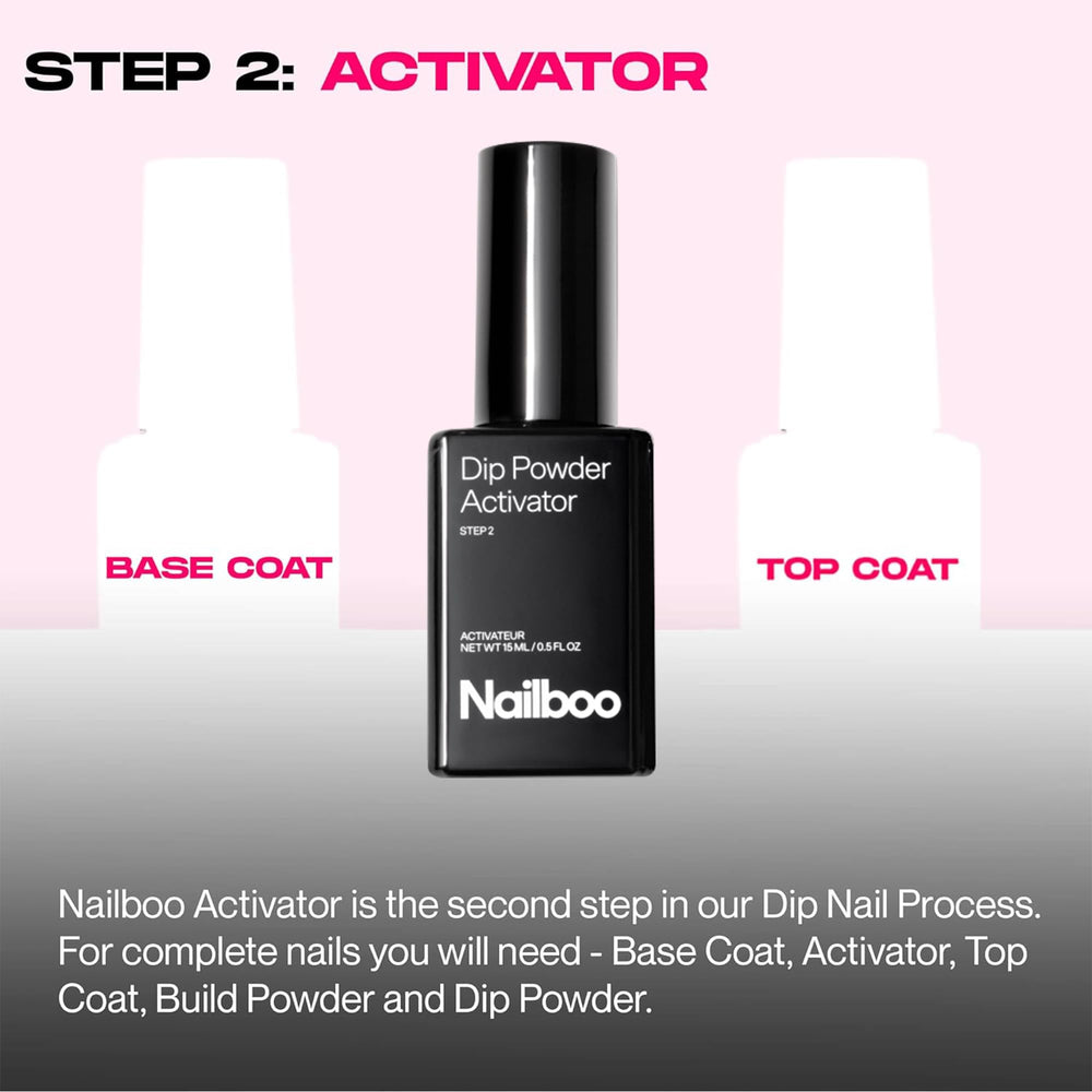 Nailboo Activator packaging with contents emphasizes at-home dip system.