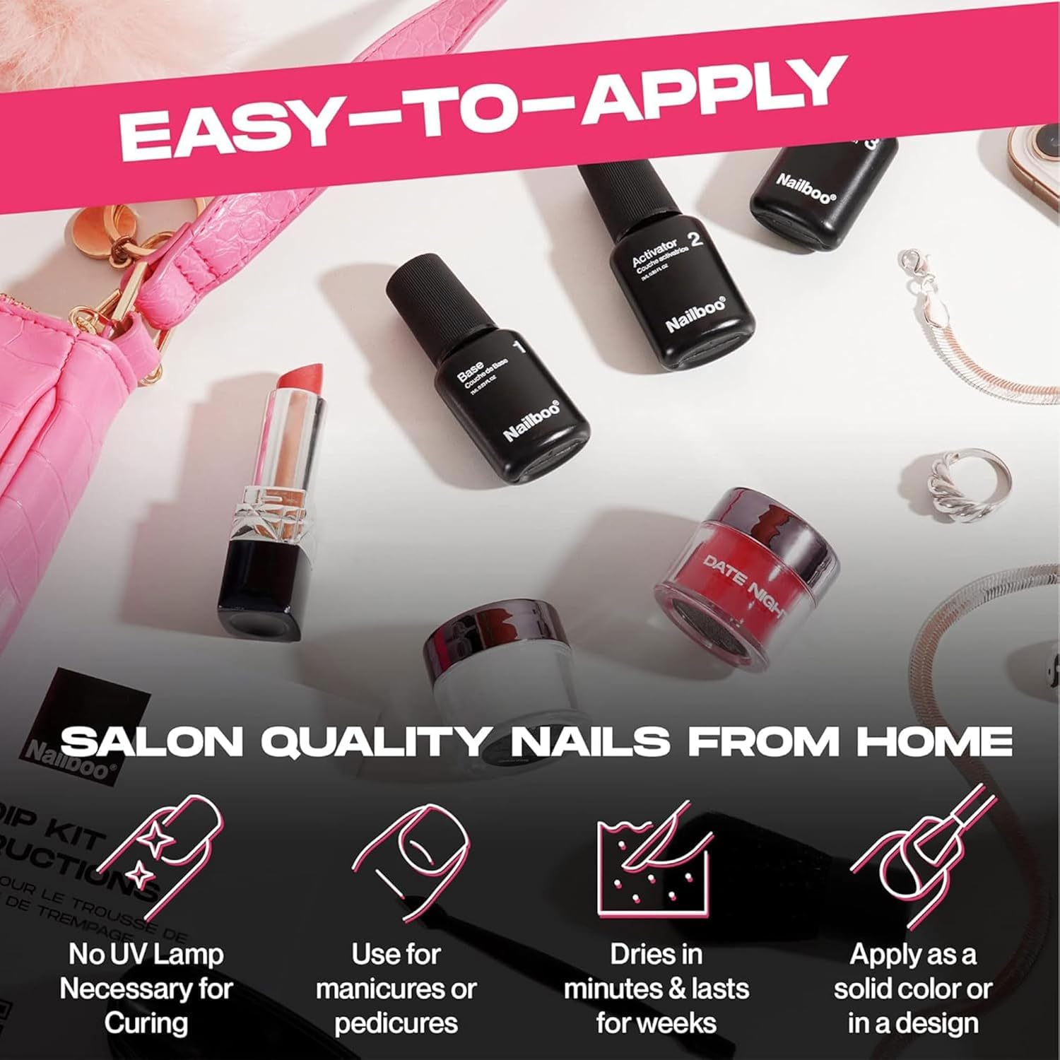 Nailboo dip powder top coat delivers high gloss and color protection