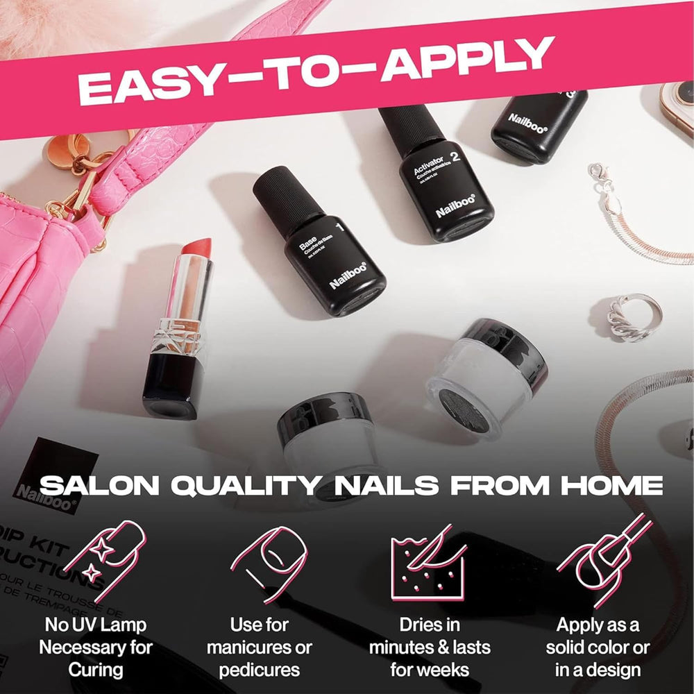 Nailboo Essential Liquids streamline application with base, activator, and top coat.