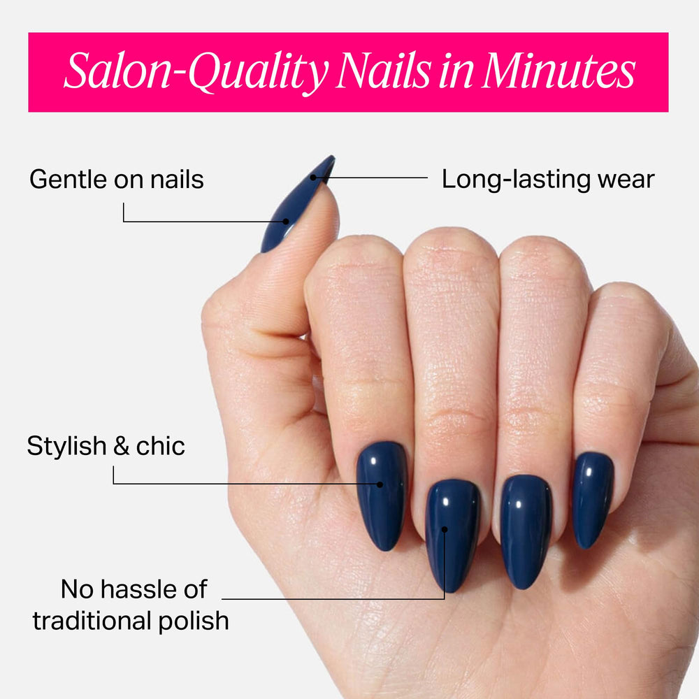 Nailboo Ocean Blue press-on nails shown with glue for strong hold during daily activities.