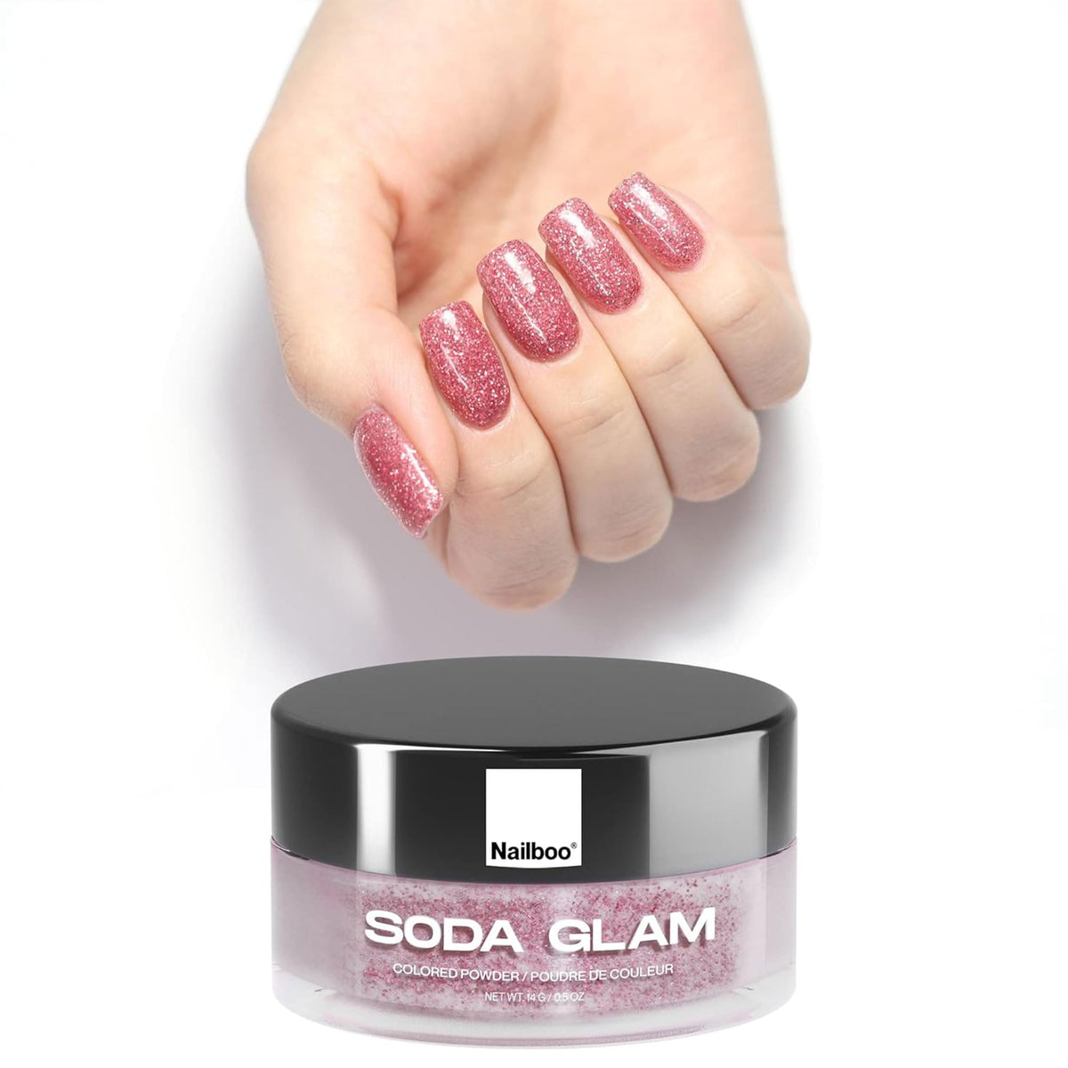Nailboo Soda Glam pink glitter dip powder bottle showcases vibrant color for at-home nails