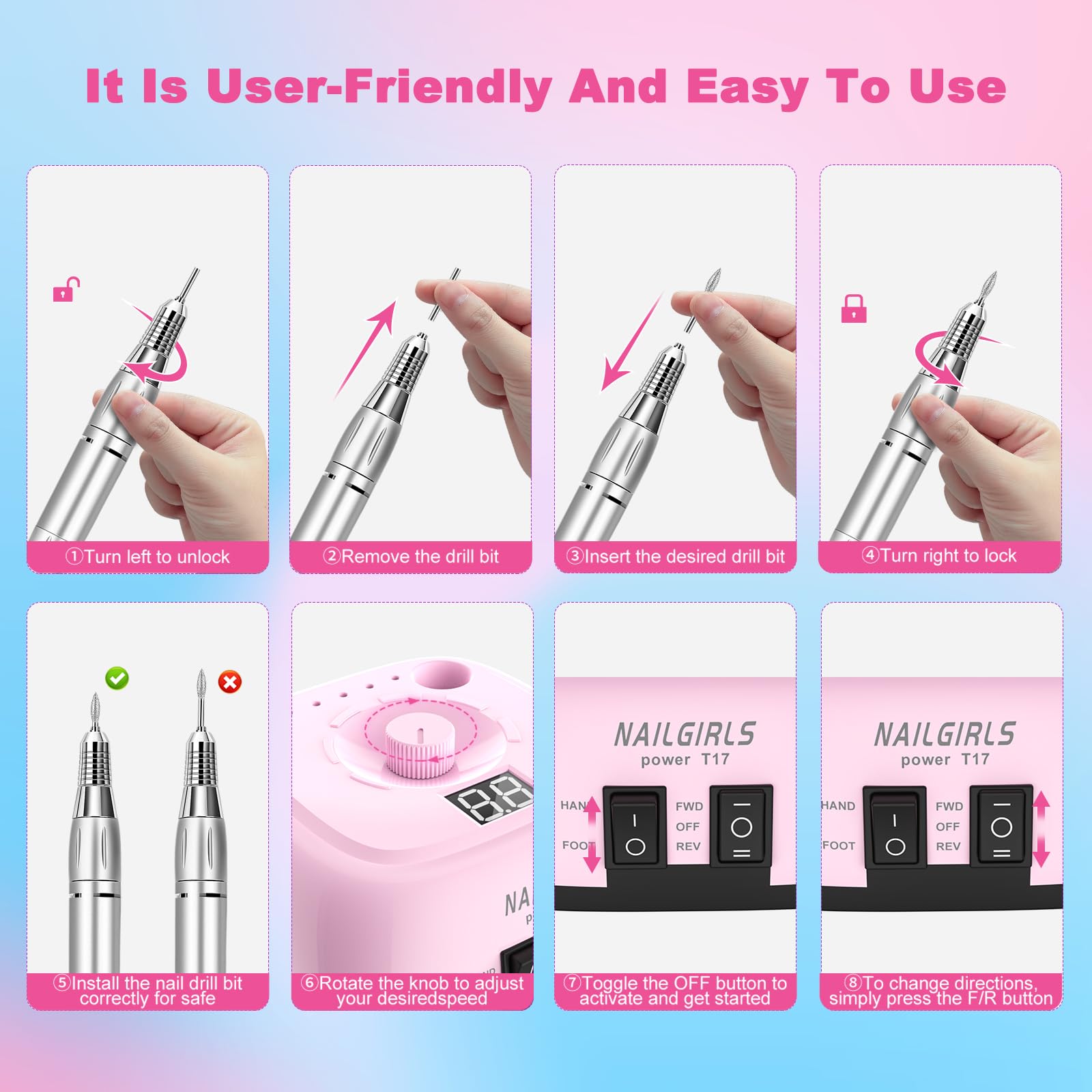 NAILGIRLS Nail Drill Handpiece Close-Up with ergonomic grip for comfortable sessions.