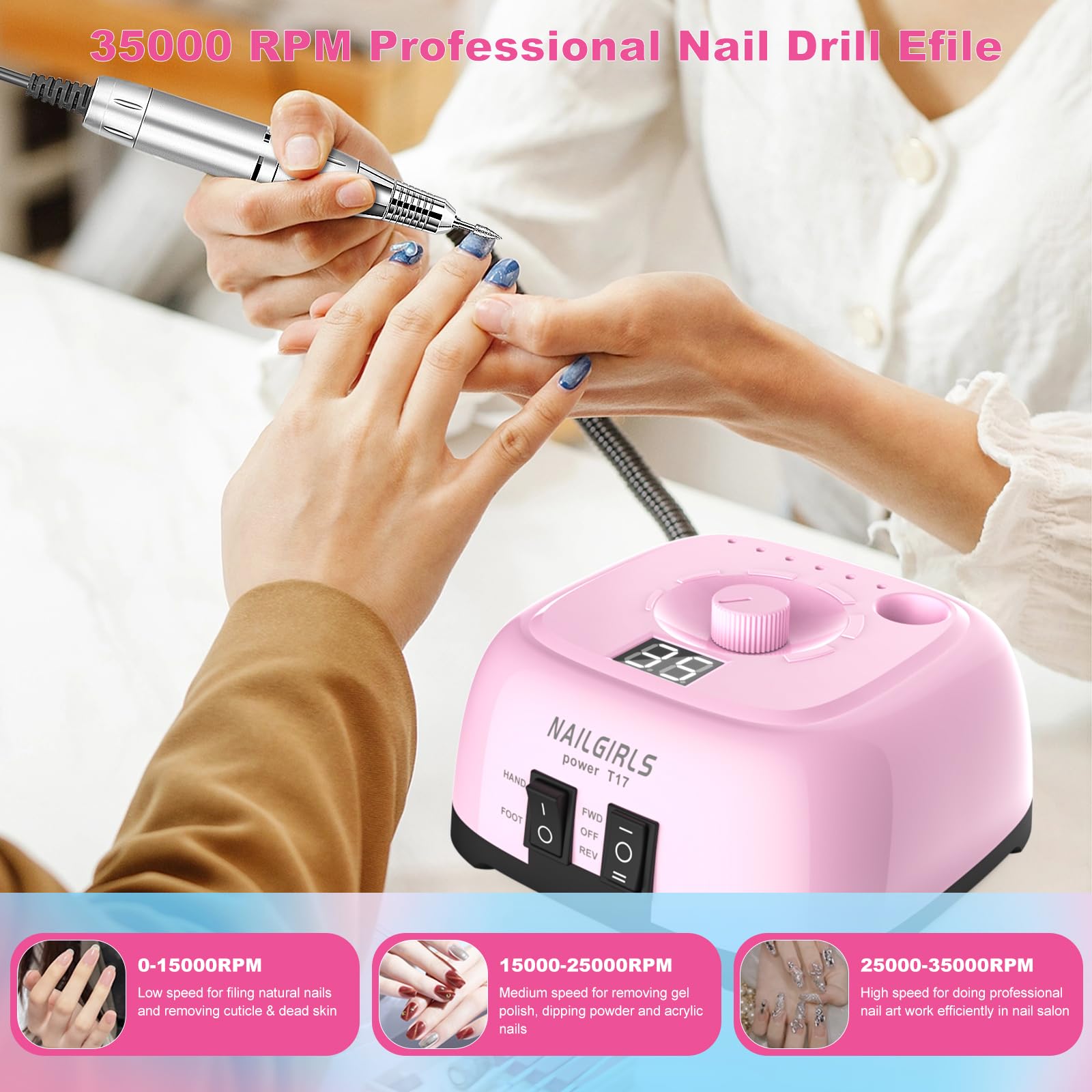 NAILGIRLS Nail Drill Temperature Control demonstrates low heat during longer treatments.