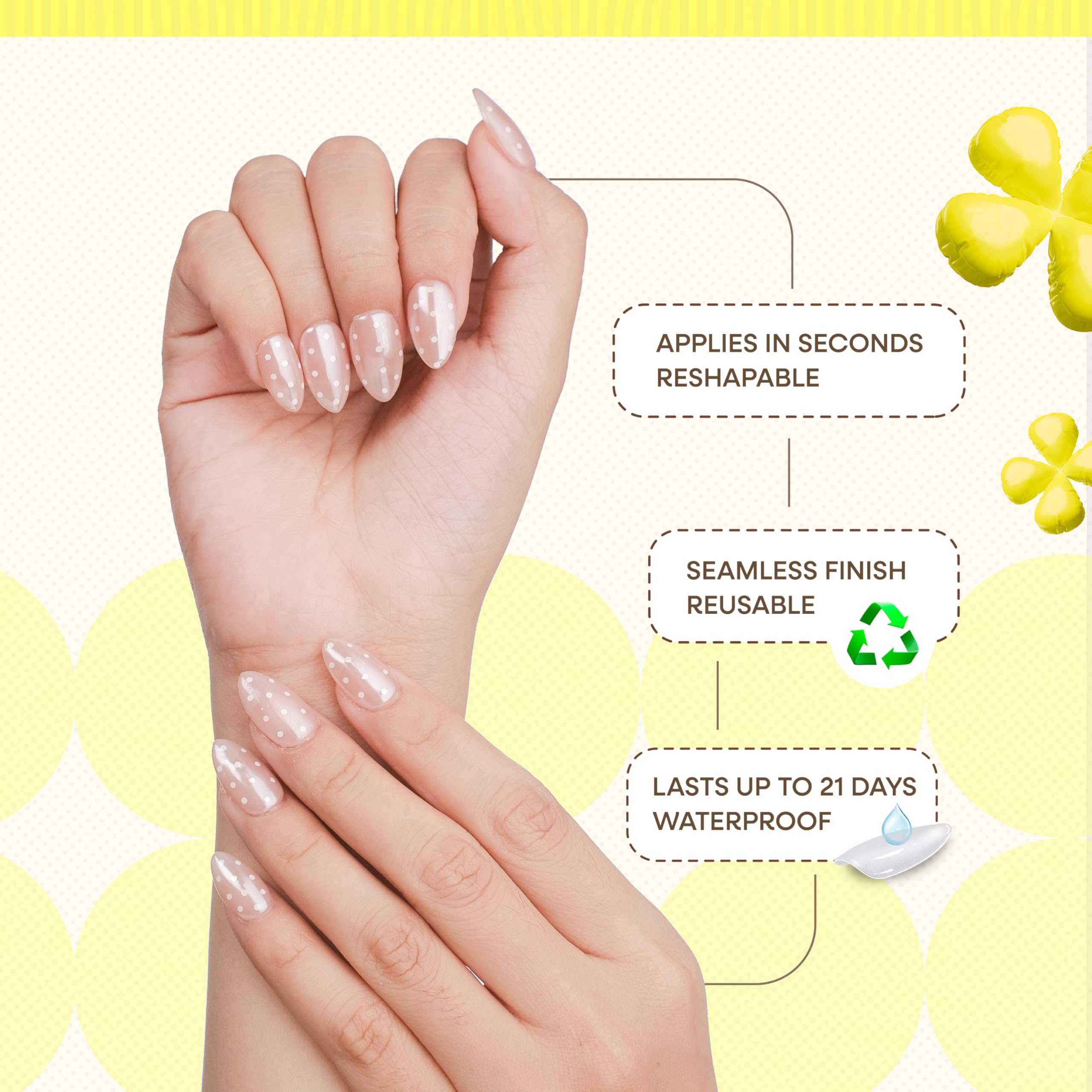 Nailique kit contents include nails, glue, tabs, file, remover oil for quick manicures.