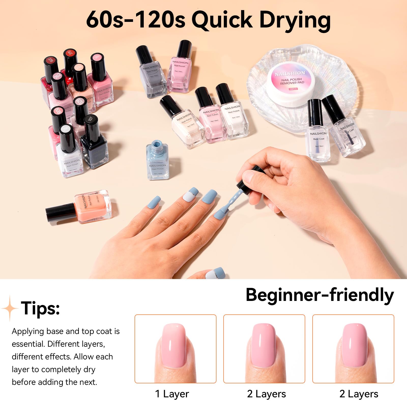 Nailshion 60s Rapid Dry tech speeds up manicure completion.