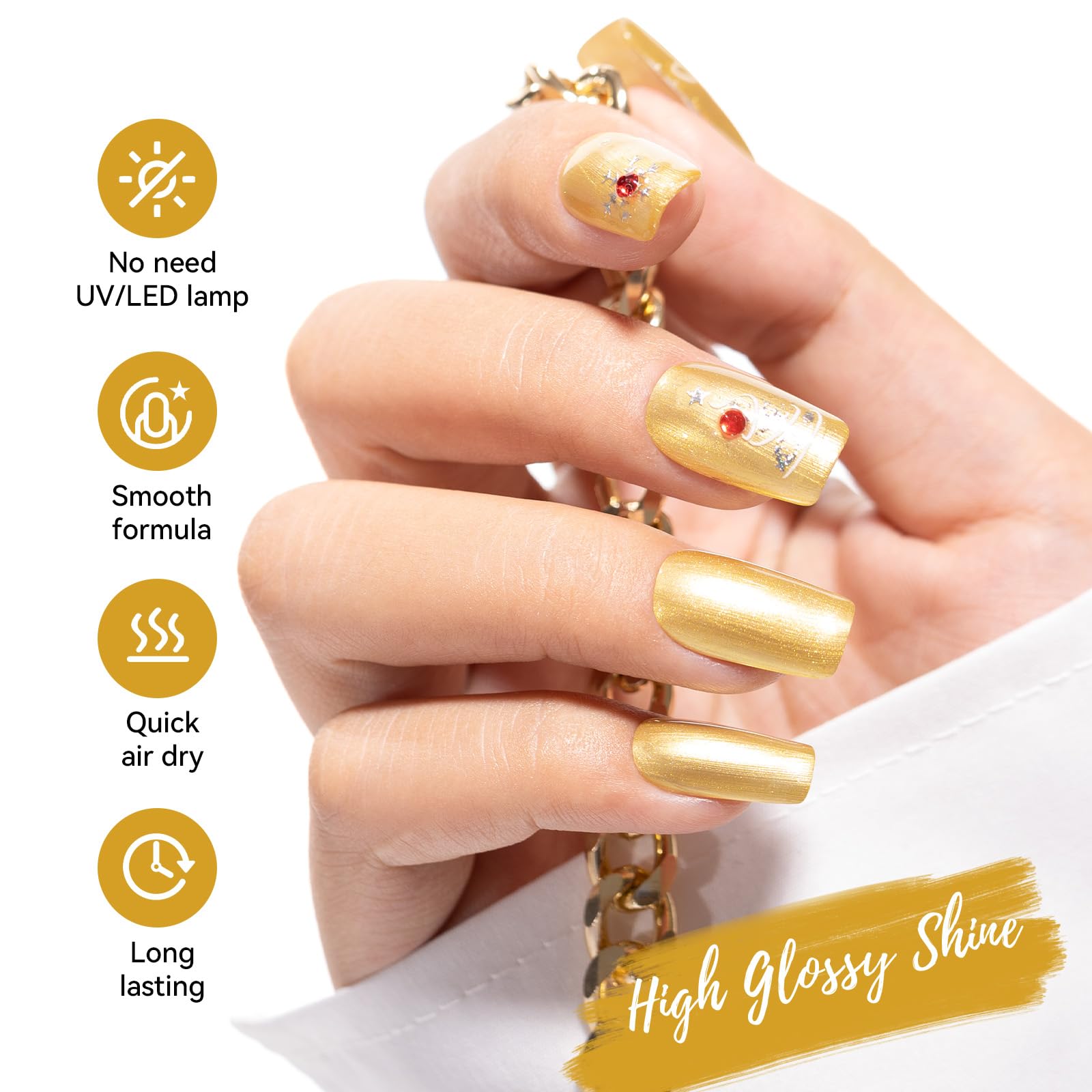 Nailshion finished gold nails showing opaque coverage