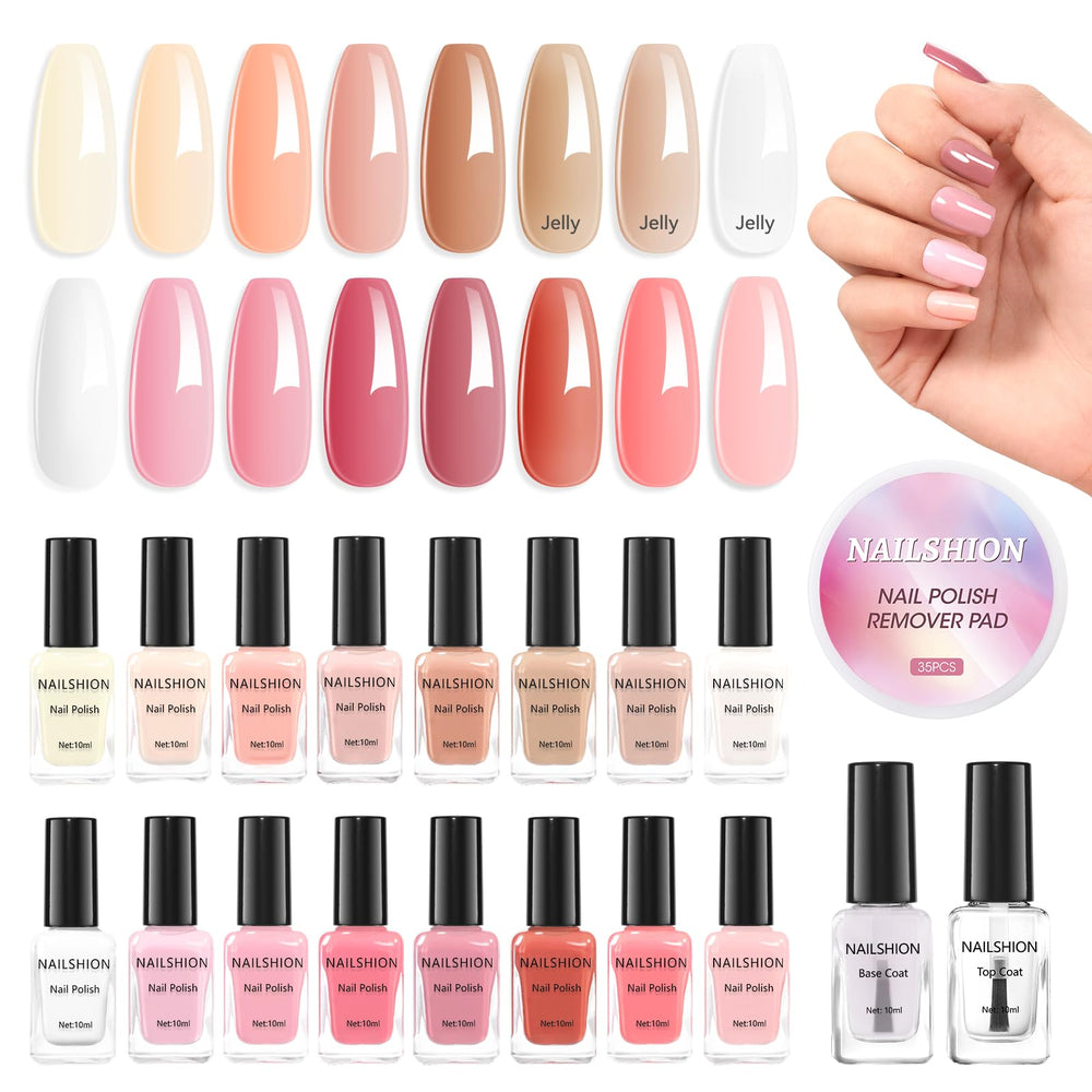 Nailshion 16-color set swatches in nude to rose palette for chic nails.