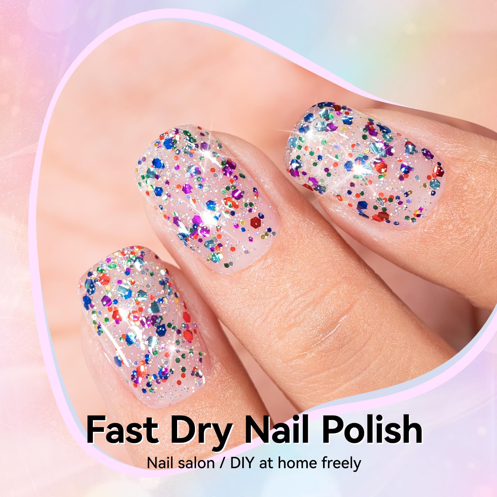 Nailshion Sparkle glitter swatch with purple, blue, and red confetti