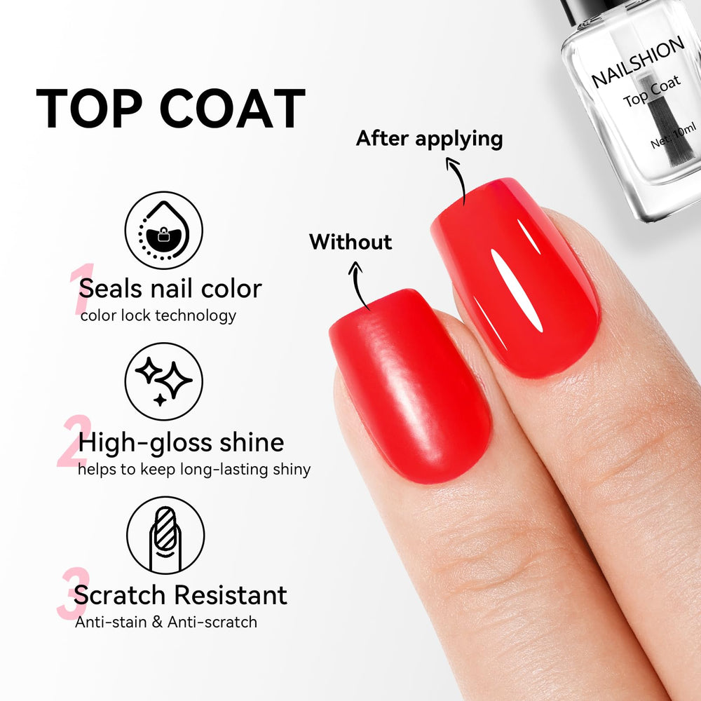 Nailshion Top Coat gloss finish adds lasting shine and chip resistance.