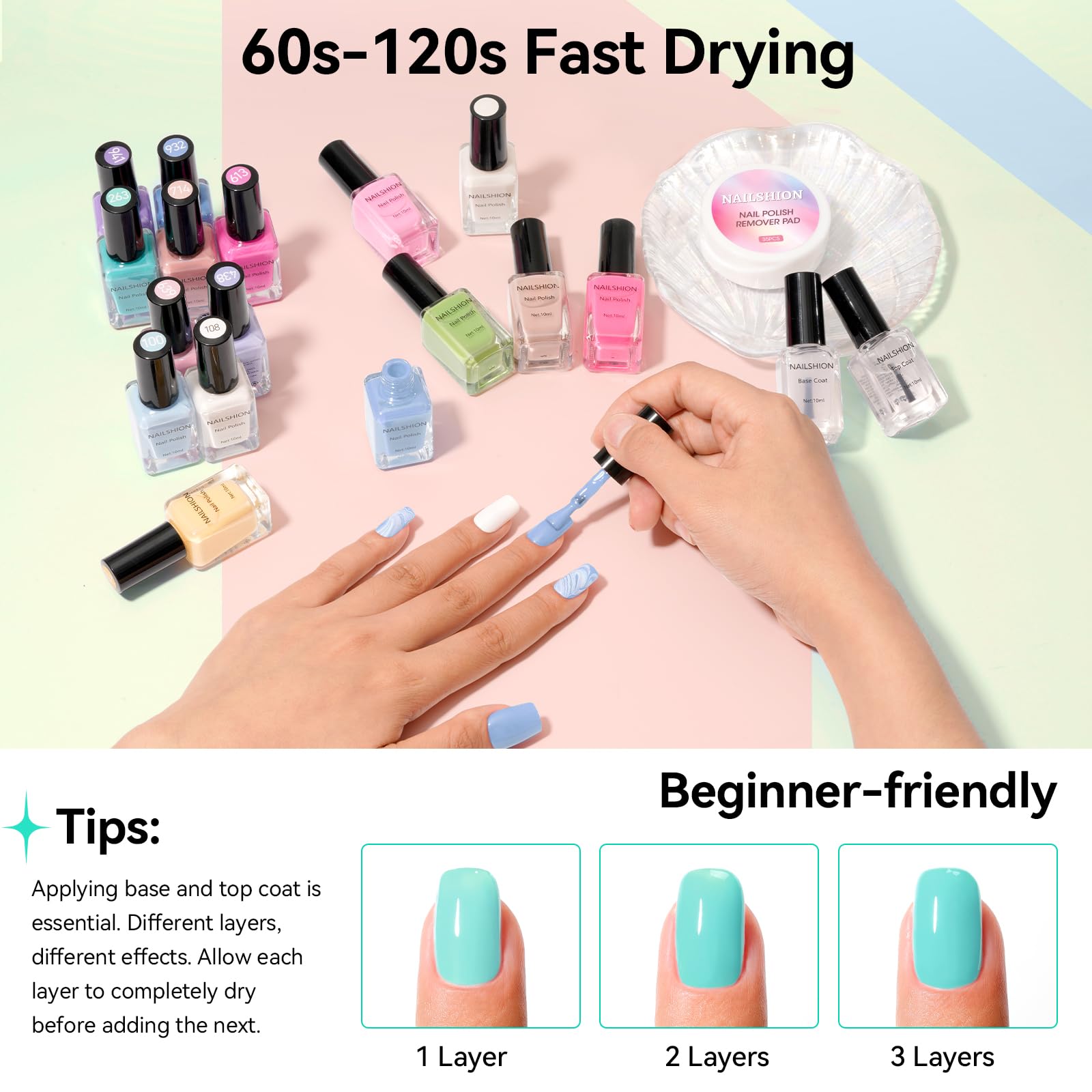 Nailshion top coat delivers shine and scratch resistance.