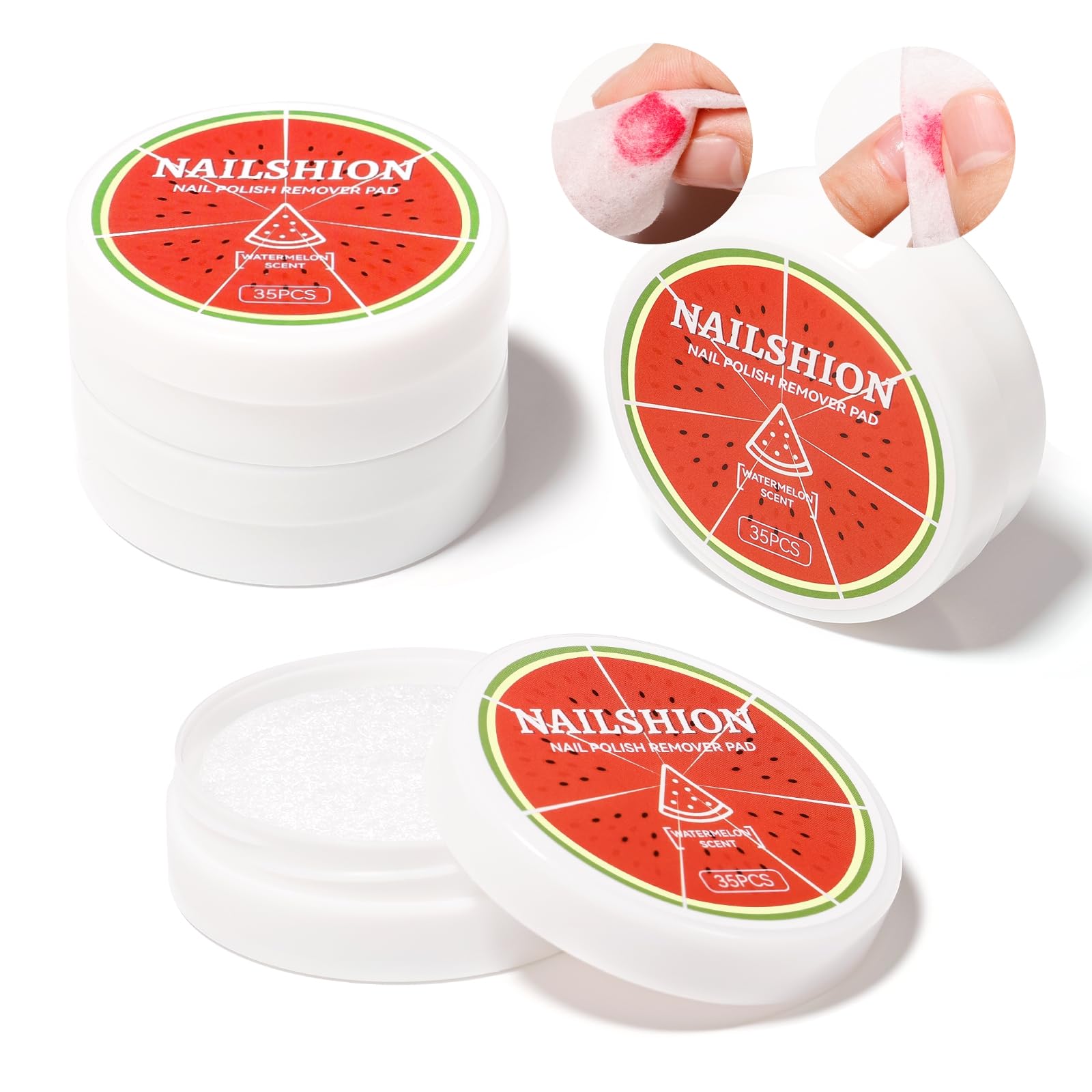 Nailshion watermelon-scented remover pads in boxes deliver quick, pleasant polish removal on the go.