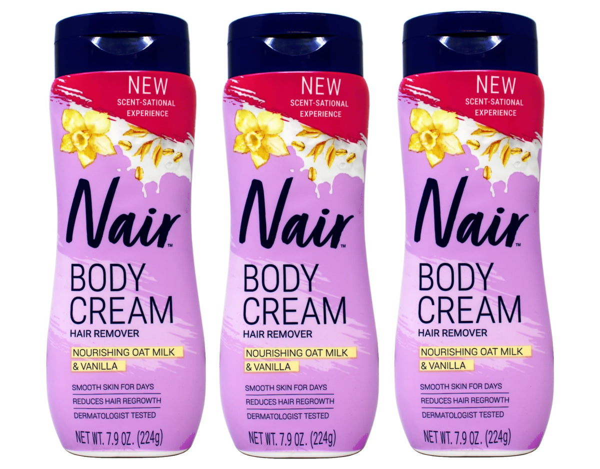 Nair Body Cream Hair Remover package with oat milk and vanilla for smooth skin.