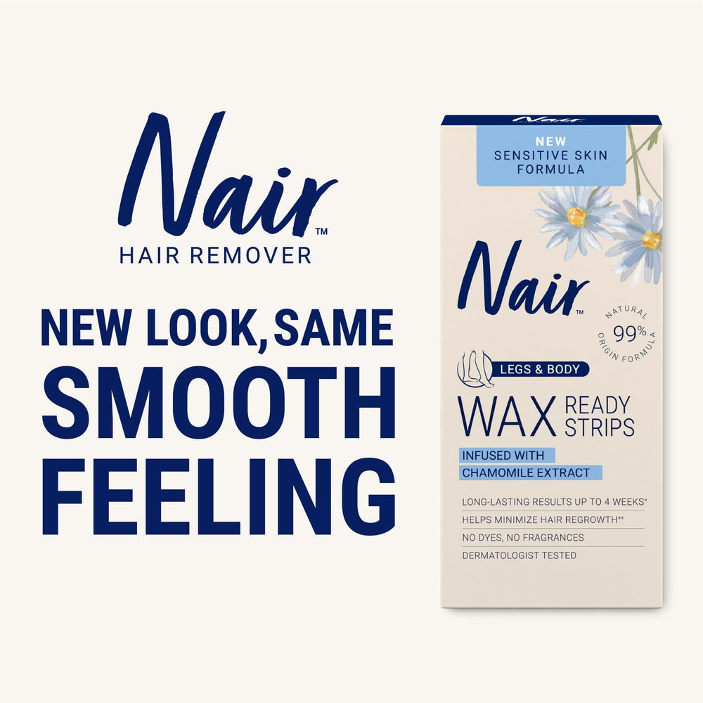 Nair face bikini wax strips removal action demonstrates quick pull direction away from growth.