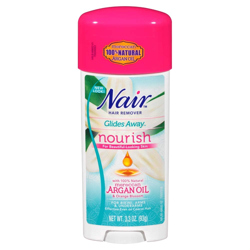 Nair glide-on hair removal stick for quick, mess-free bikini line use.