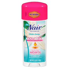 Nair glide-on hair removal stick for quick, mess-free bikini line use.