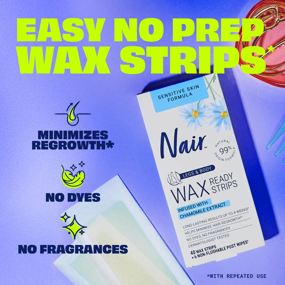 Close-up of peel-and-press action with Nair strips for smooth waxing