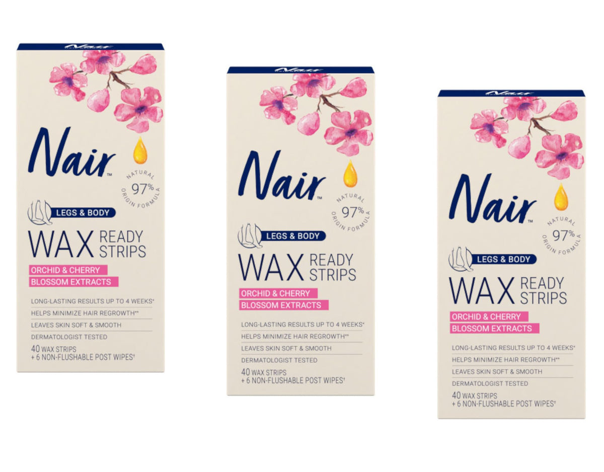 Nair Wax Ready-Strips 40-Count box front, three-pack for legs and body