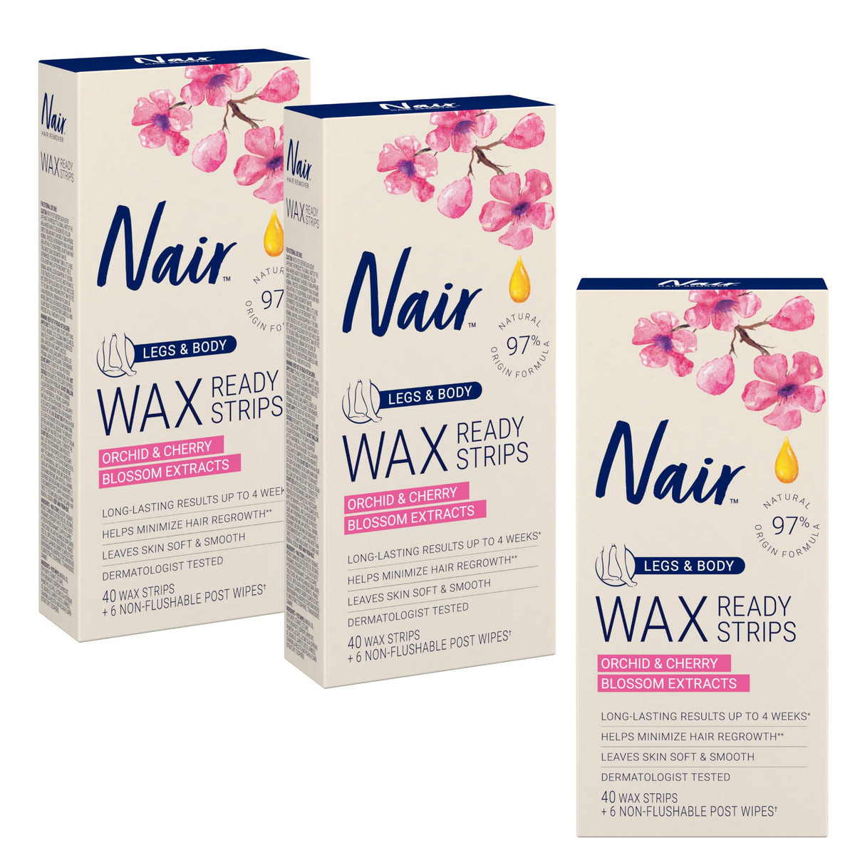 Nair Wax Ready-Strips used on leg for smooth, hair-free skin.
