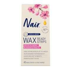 Nair wax strips applied to a leg for hair removal