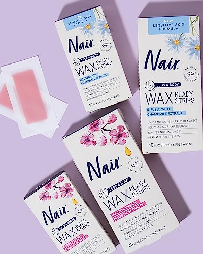 Close-up of Nair wax strips ready for use.