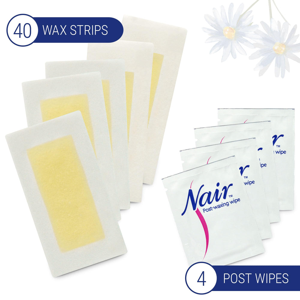 Nair wax strips no warming needed close-up shows mess-free application.