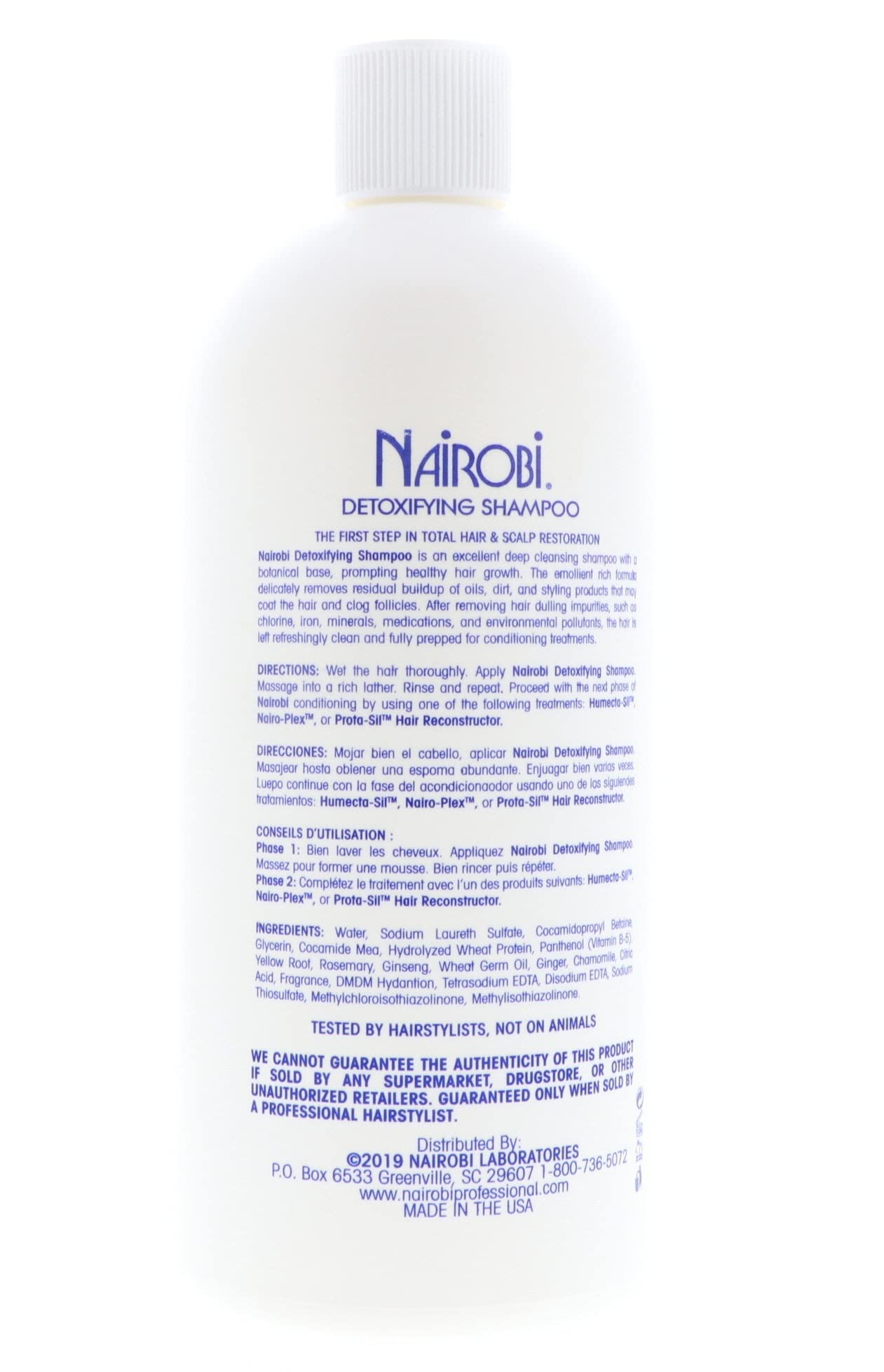 Nairobi Detoxifying Shampoo product in bathroom setting conveys a refreshing wash experience.