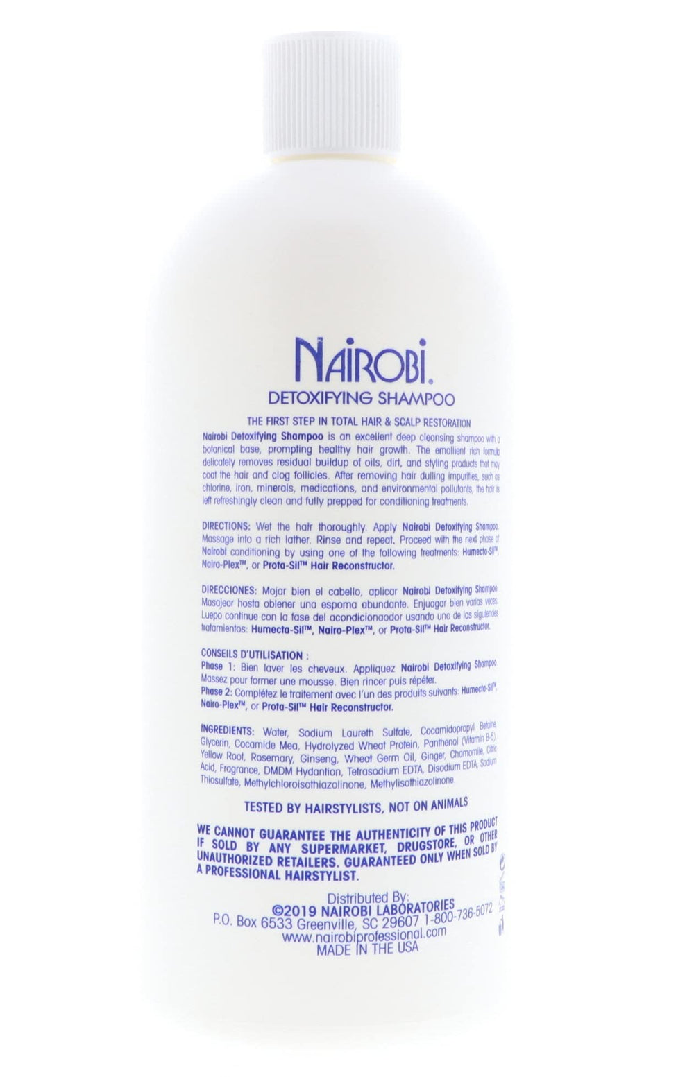 Nairobi Detoxifying Shampoo product in bathroom setting conveys a refreshing wash experience.