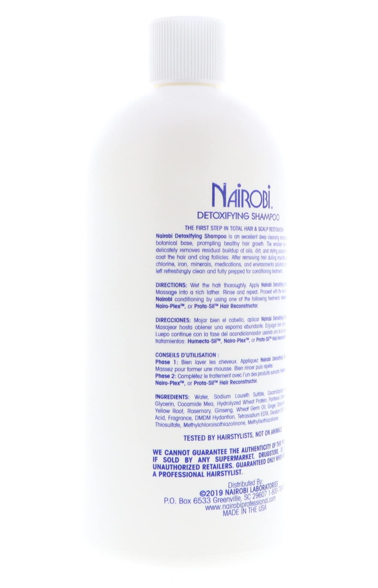 Nairobi Detoxifying Shampoo bottle on shower shelf signals routine care access.