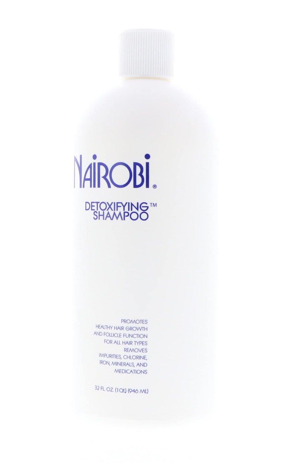 Nairobi Detoxifying Shampoo bottle side highlights ergonomic design for easy daily cleansing.