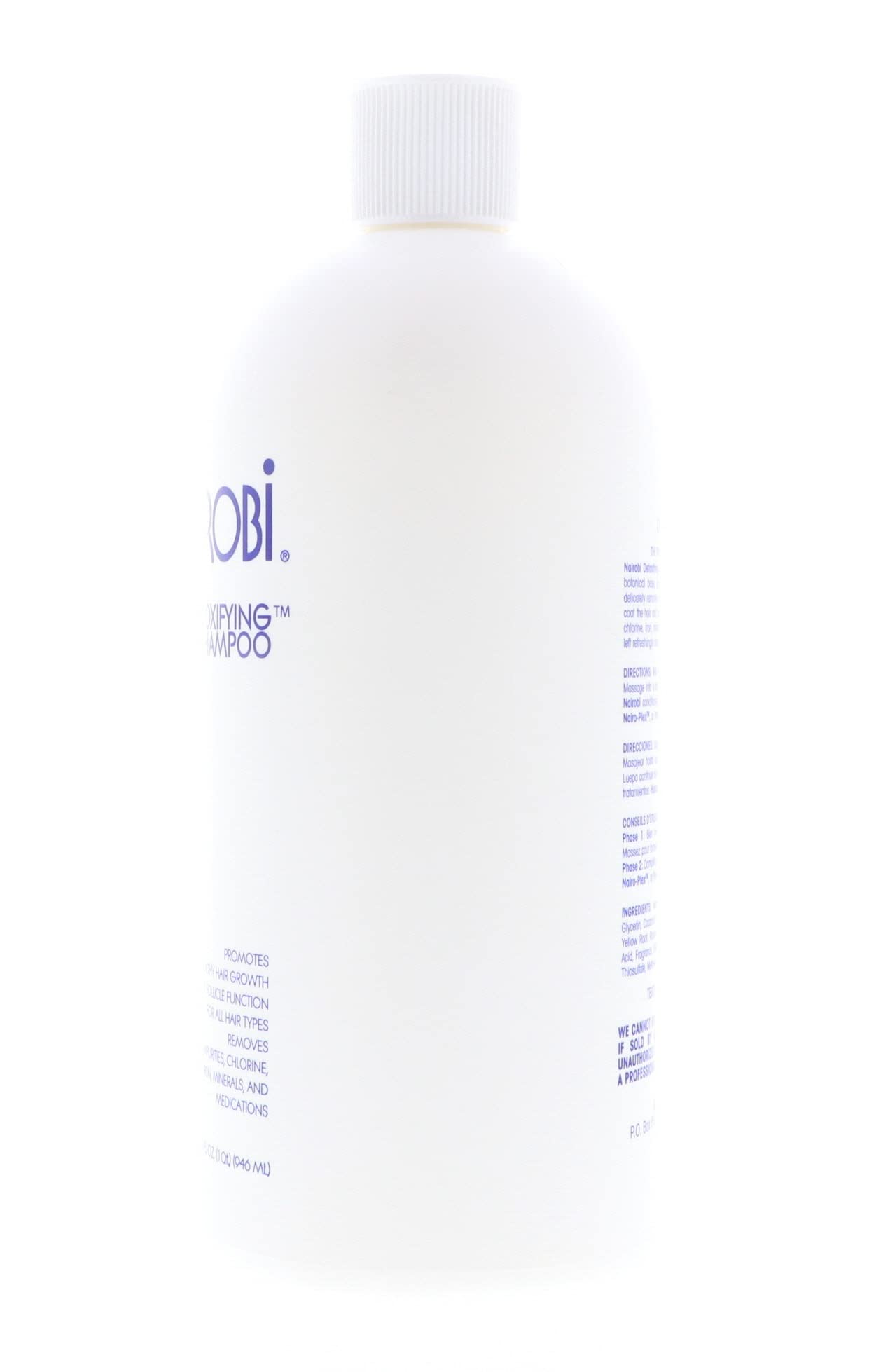 Nairobi Detoxifying Shampoo label detail showcases key ingredients and detox focus.