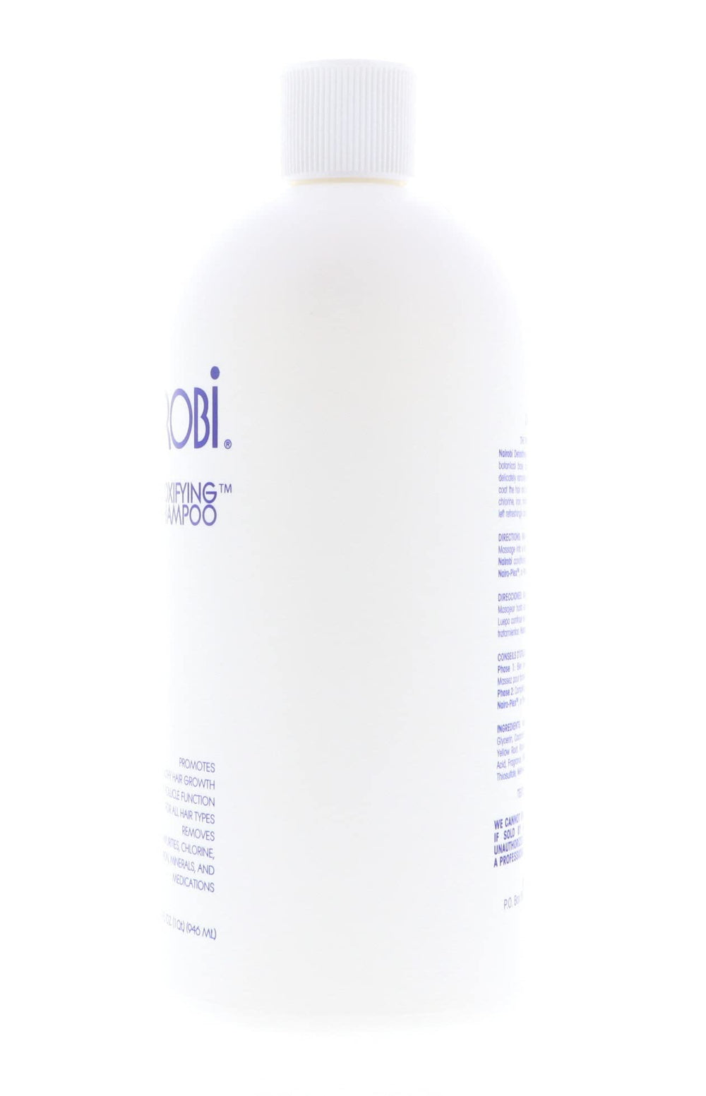 Nairobi Detoxifying Shampoo label detail showcases key ingredients and detox focus.