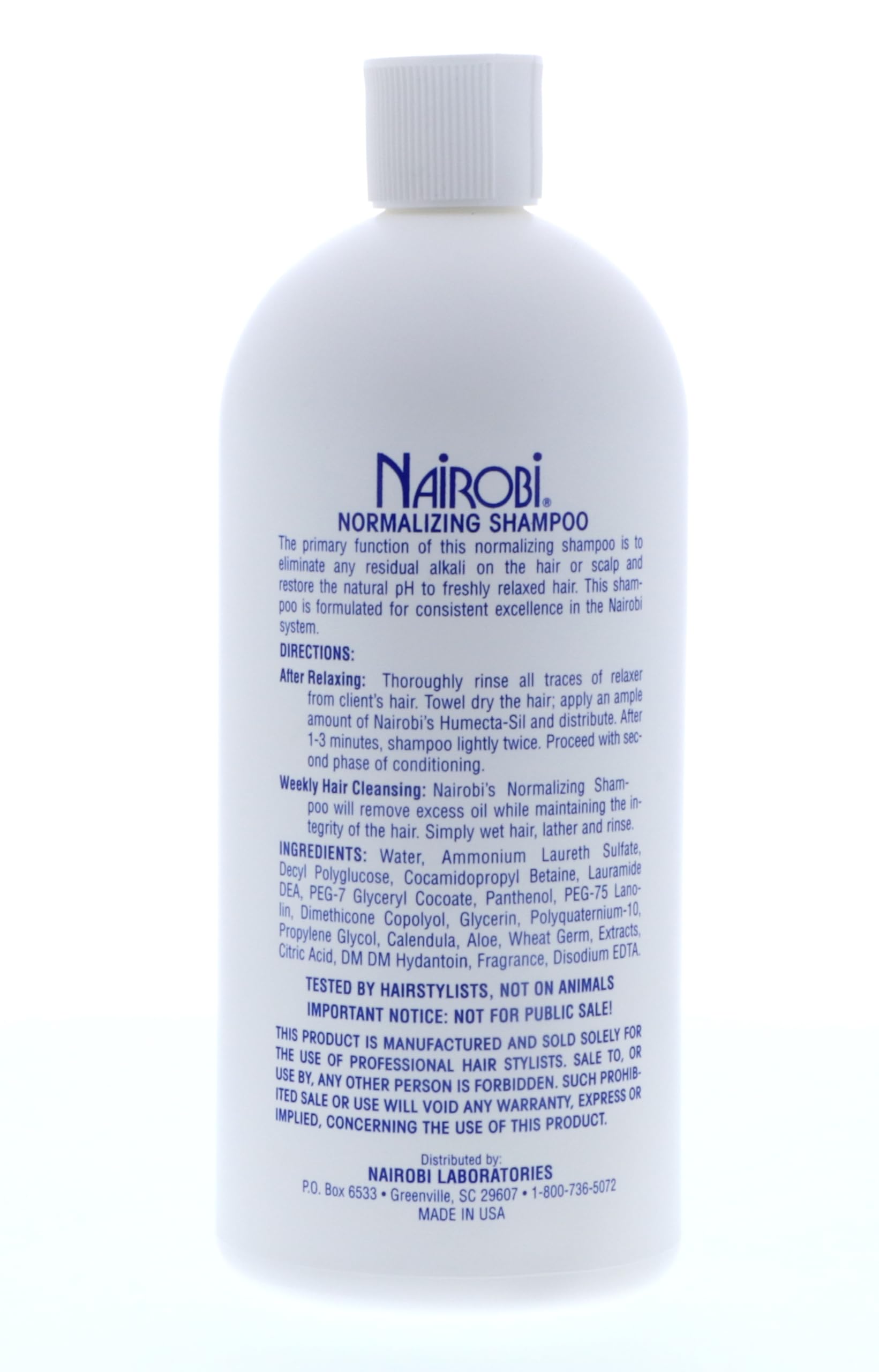 Nairobi Normalizing Shampoo ingredients panel emphasizes a balanced formula.